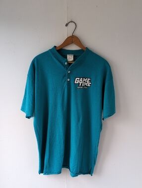 Vintage Single Stitch Game Time Sports Bar Teal Henley Sports Shirt Size Large